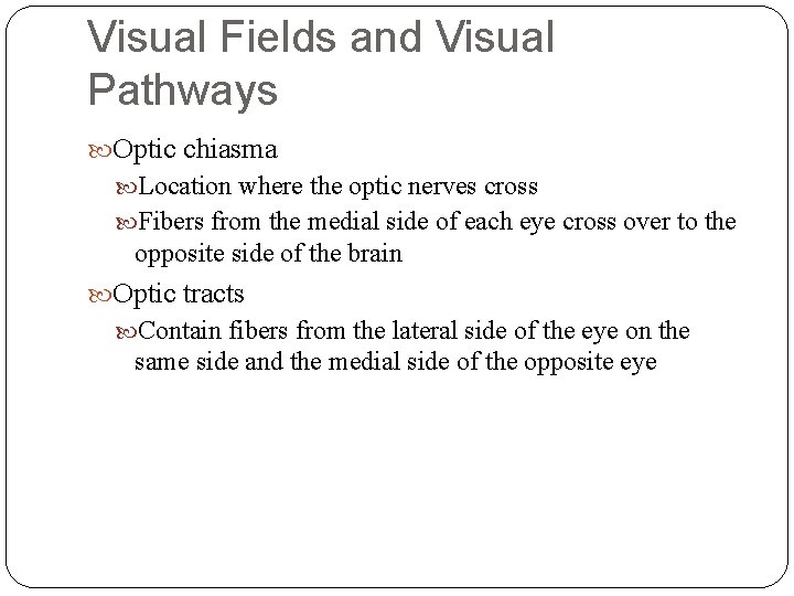 Visual Fields and Visual Pathways Optic chiasma Location where the optic nerves cross Fibers