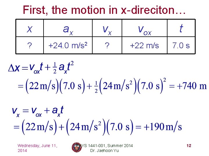 First, the motion in x-direciton… x ax vx vox t ? +24. 0 m/s