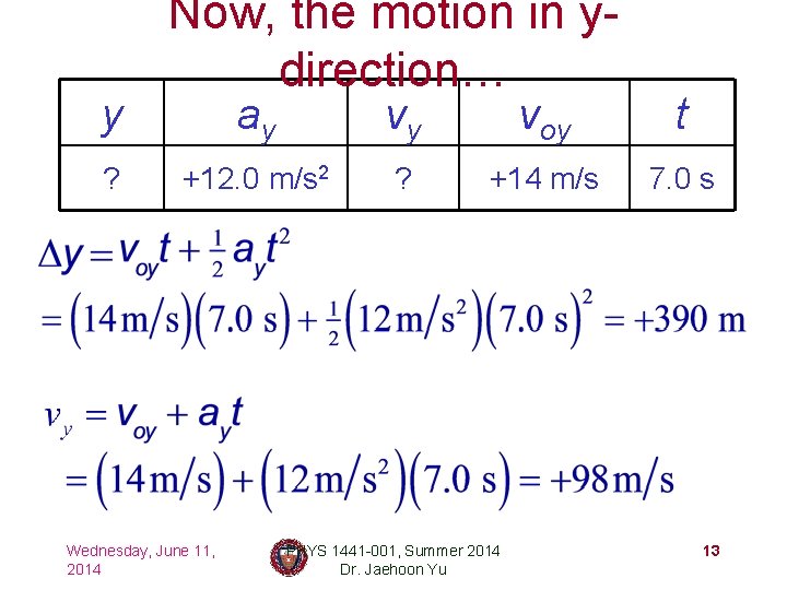 y ? Now, the motion in ydirection… ay vy voy t +12. 0 m/s