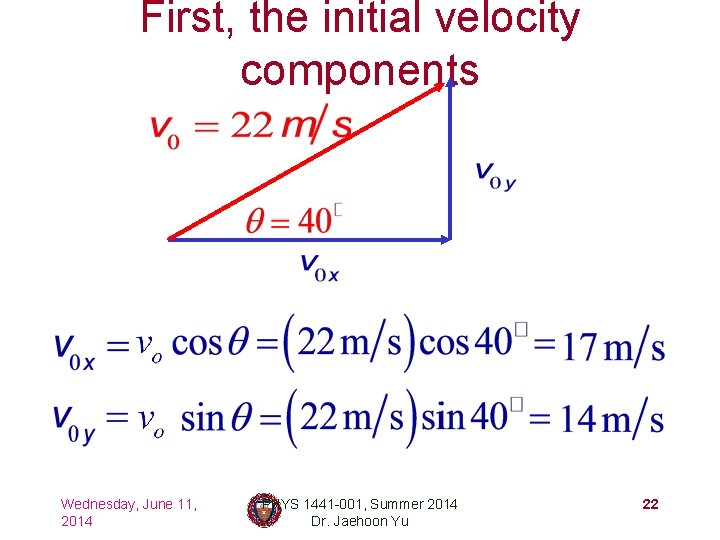 First, the initial velocity components Wednesday, June 11, 2014 PHYS 1441 -001, Summer 2014