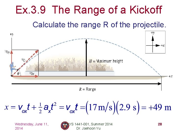 Ex. 3. 9 The Range of a Kickoff Calculate the range R of the