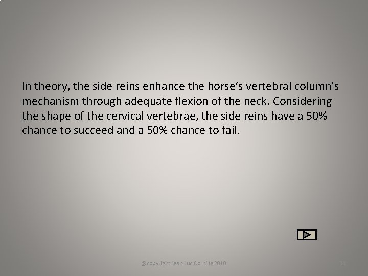 In theory, the side reins enhance the horse’s vertebral column’s mechanism through adequate flexion