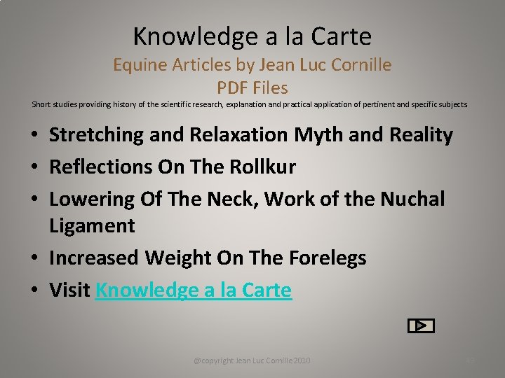 Knowledge a la Carte Equine Articles by Jean Luc Cornille PDF Files Short studies