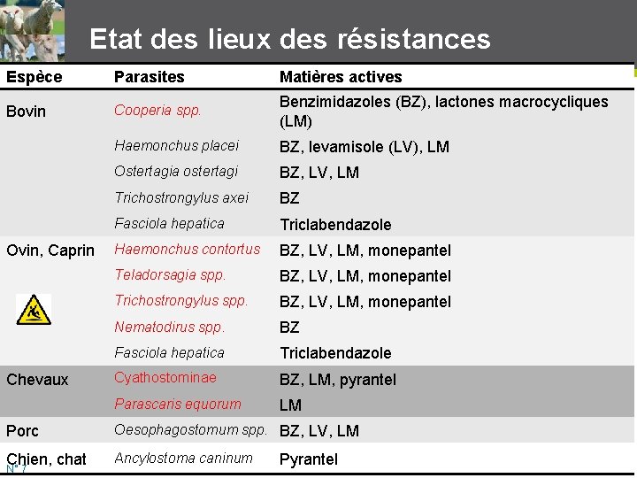 Etat des lieux des résistances Espèce Parasites Matières actives Bovin Cooperia spp. Benzimidazoles (BZ),