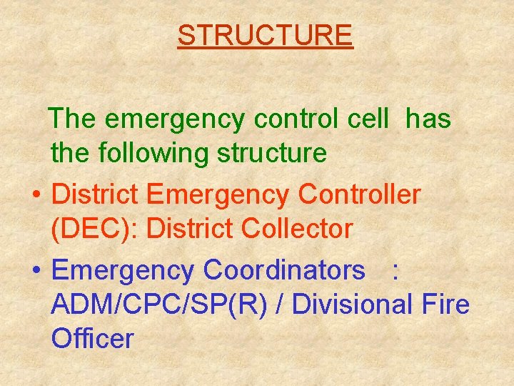 STRUCTURE The emergency control cell has the following structure • District Emergency Controller (DEC):