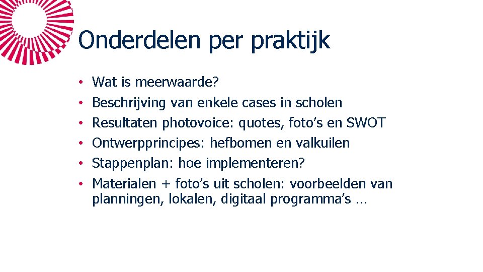 Onderdelen per praktijk • • • Wat is meerwaarde? Beschrijving van enkele cases in