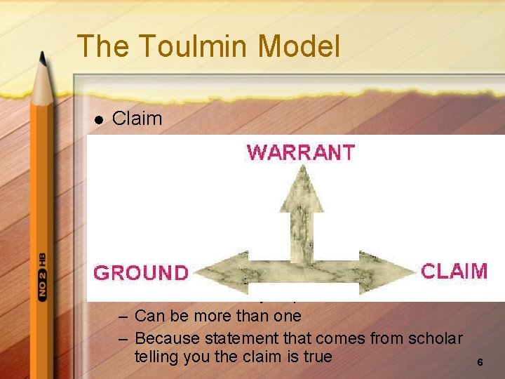 The Toulmin Model l Claim – A statement that a speaker asks listeners to