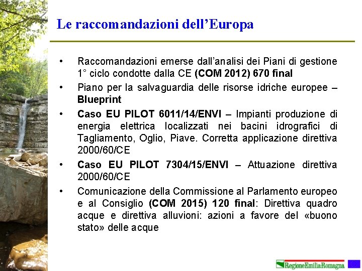 Le raccomandazioni dell’Europa • • • Raccomandazioni emerse dall’analisi dei Piani di gestione 1°