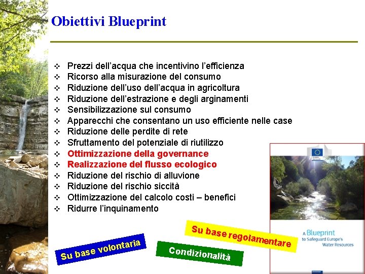 Obiettivi Blueprint v v v v Prezzi dell’acqua che incentivino l’efficienza Ricorso alla misurazione