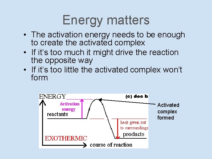 Energy matters • The activation energy needs to be enough to create the activated