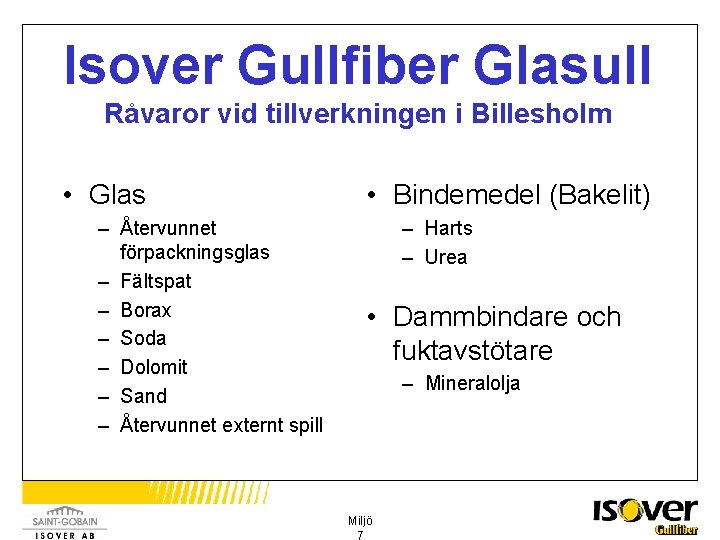 Isover Gullfiber Glasull Råvaror vid tillverkningen i Billesholm • Glas – Återvunnet förpackningsglas –