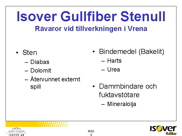 Isover Gullfiber Stenull Råvaror vid tillverkningen i Vrena • Sten – Diabas – Dolomit