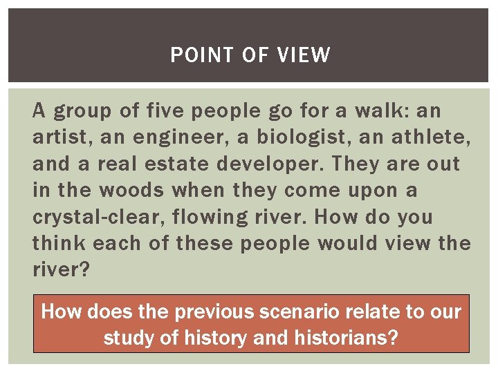 POINT OF VIEW A group of five people go for a walk: an artist, POINT OF VIEW A group of five people go for a walk: an artist,