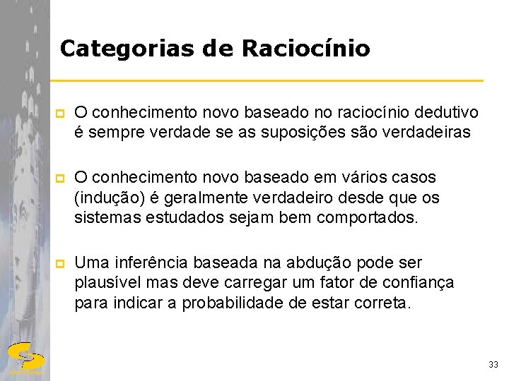 Categorias de Raciocínio p O conhecimento novo baseado no raciocínio dedutivo é sempre verdade