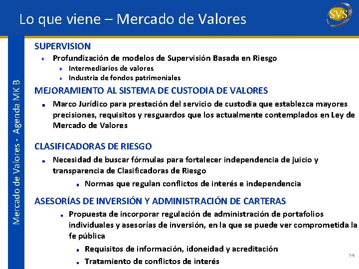 Lo que viene – Mercado de Valores SUPERVISION Mercado de Valores - Agenda MK