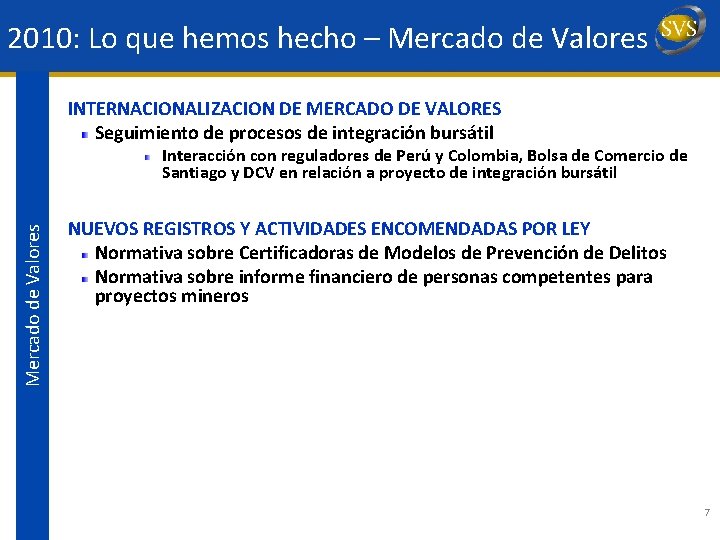 2010: Lo que hemos hecho – Mercado de Valores INTERNACIONALIZACION DE MERCADO DE VALORES