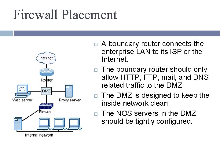 Firewall Placement A boundary router connects the enterprise LAN to its ISP or the
