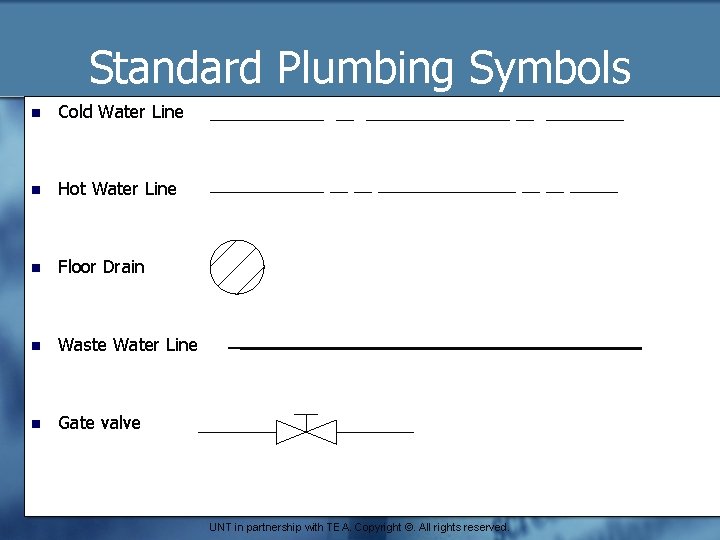 Standard Plumbing Symbols n Cold Water Line n Hot Water Line n Floor Drain