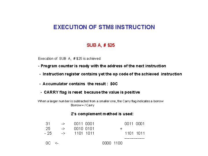 EXECUTION OF STM 8 INSTRUCTION SUB A, # $25 Execution of SUB A, #