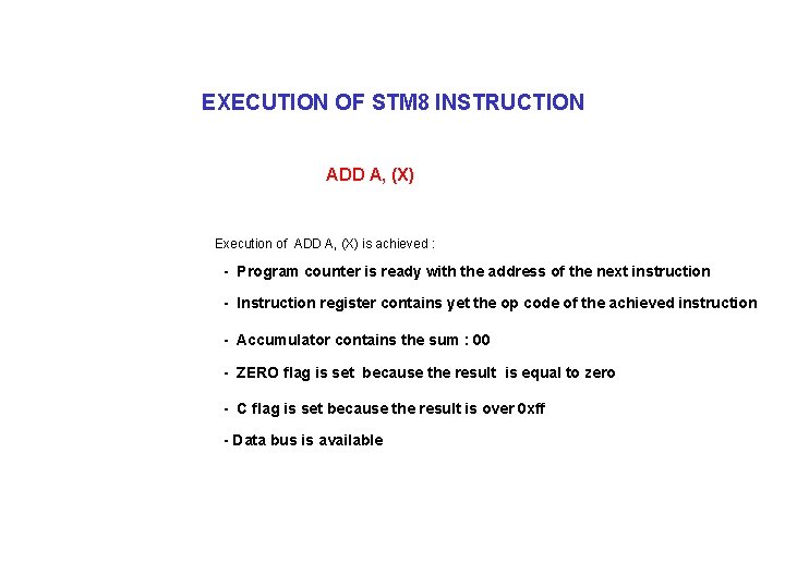 EXECUTION OF STM 8 INSTRUCTION ADD A, (X) Execution of ADD A, (X) is