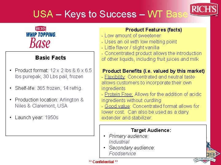 USA – Keys to Success – WT Base Product Features (facts) - Low amount