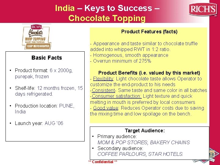 India – Keys to Success – Chocolate Topping Product Features (facts) Basic Facts •