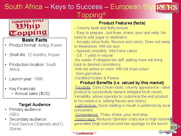 South Africa – Keys to Success – European Style Whip Topping® Product Features (facts)