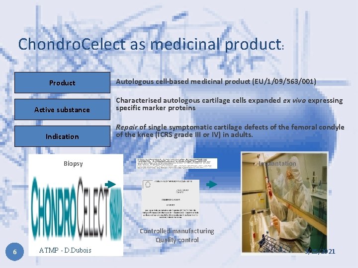 Chondro. Celect as medicinal product: Product Autologous cell-based medicinal product (EU/1/09/563/001) Active substance Characterised