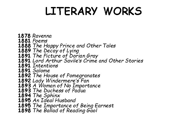 LITERARY WORKS 1878 Ravenna 1881 Poems 1888 The Happy Prince and Other Tales 1889