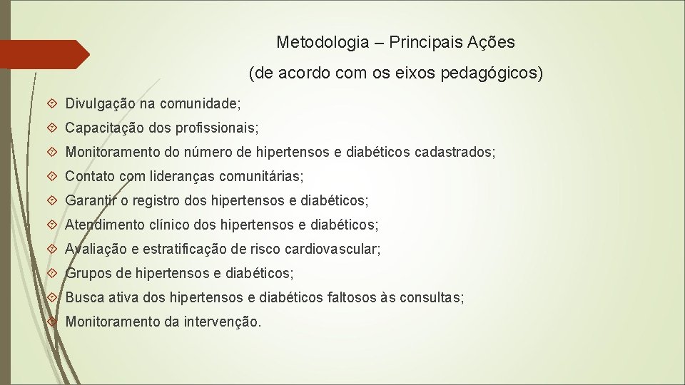 Metodologia – Principais Ações (de acordo com os eixos pedagógicos) Divulgação na comunidade; Capacitação