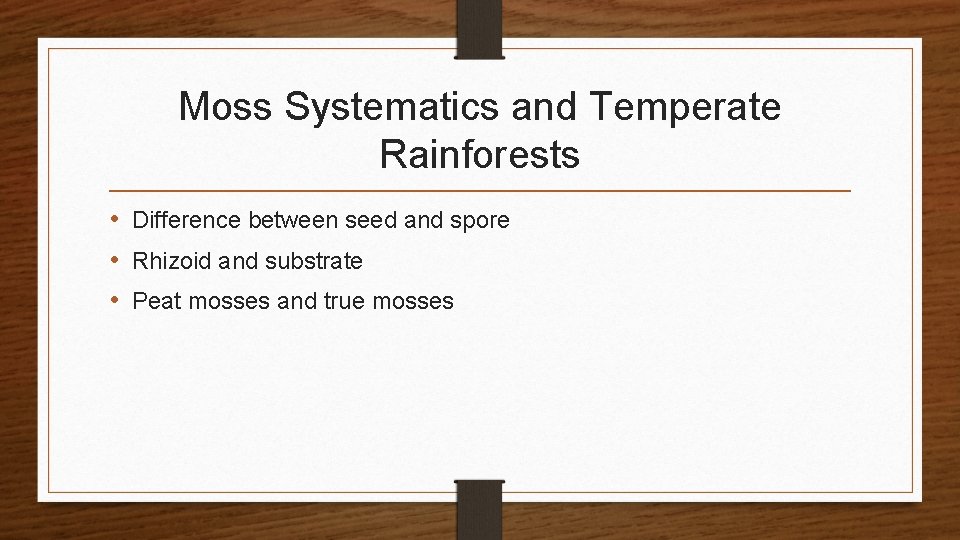 Moss Systematics and Temperate Rainforests • Difference between seed and spore • Rhizoid and