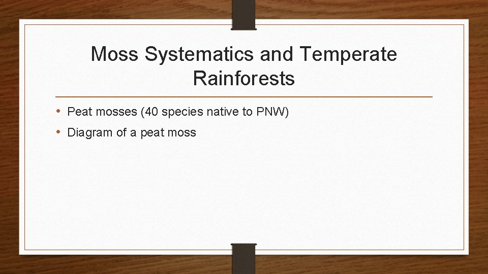 Moss Systematics and Temperate Rainforests • Peat mosses (40 species native to PNW) •