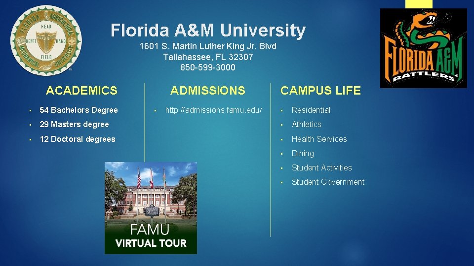 Florida A&M University 1601 S. Martin Luther King Jr. Blvd Tallahassee, FL 32307 850