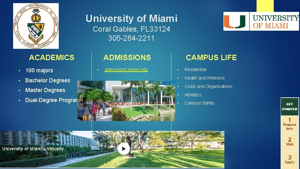 University of Miami Coral Gables, FL 33124 305 -284 -2211 ACADEMICS • 180 majors