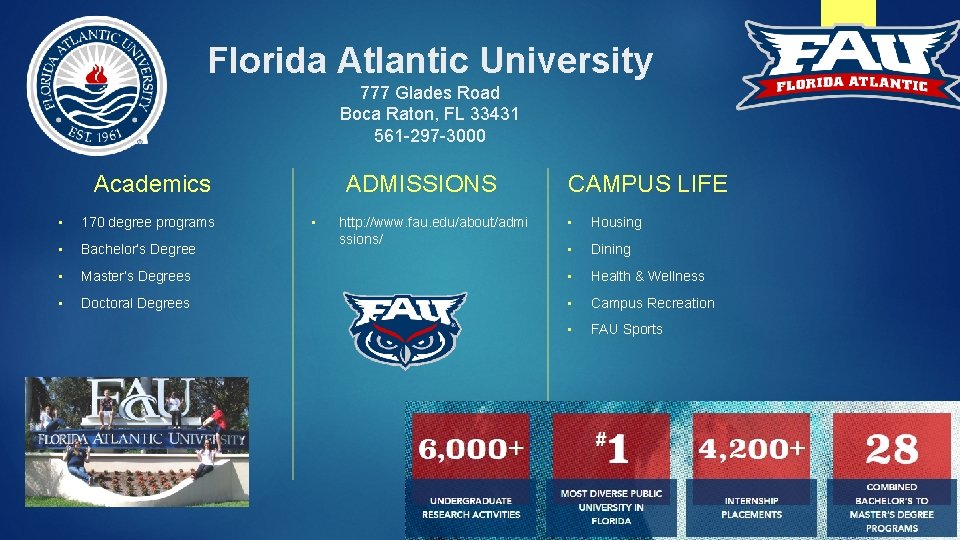 Florida Atlantic University 777 Glades Road Boca Raton, FL 33431 561 -297 -3000 Academics