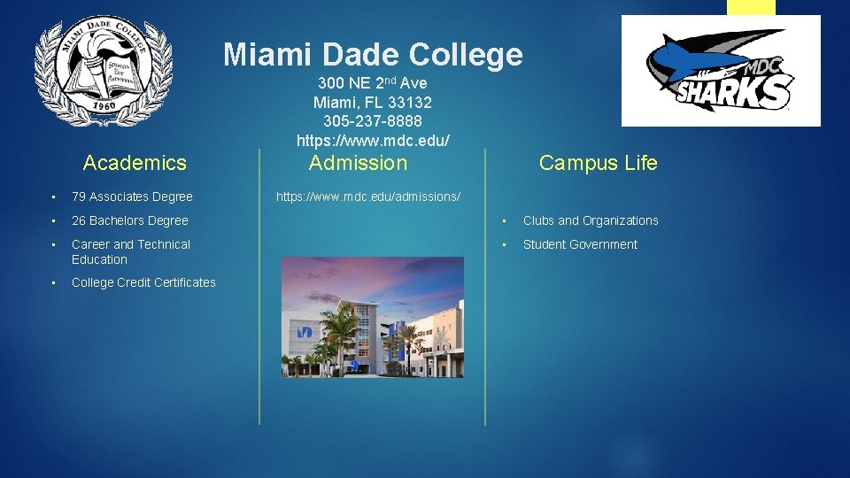 Miami Dade College 300 NE 2 nd Ave Miami, FL 33132 305 -237 -8888