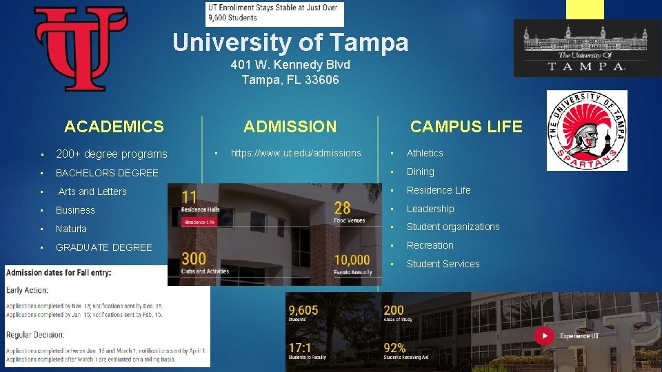 University of Tampa 401 W. Kennedy Blvd Tampa, FL 33606 ACADEMICS • 200+ degree