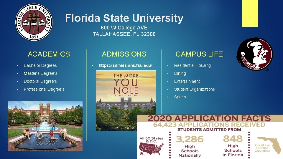 Florida State University 600 W College AVE TALLAHASSEE, FL 32306 ACADEMICS • Bachelor Degrees