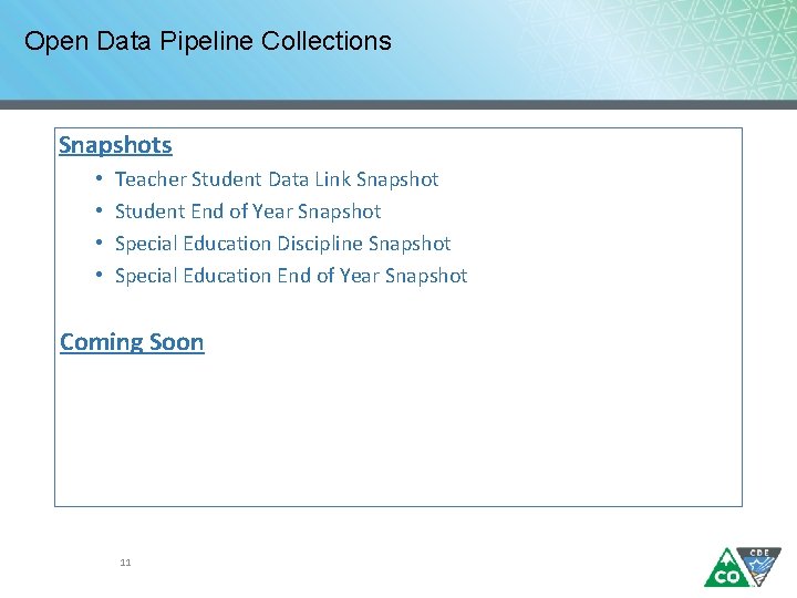 Open Data Pipeline Collections Snapshots • • Teacher Student Data Link Snapshot Student End