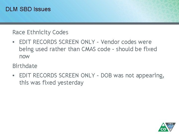 DLM SBD Issues Race Ethnicity Codes • EDIT RECORDS SCREEN ONLY – Vendor codes