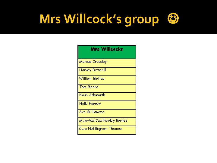 Mrs Willcock’s group Mrs Willcocks Marcus Crossley Harvey Putterill William Birtles Tom Moore Noah