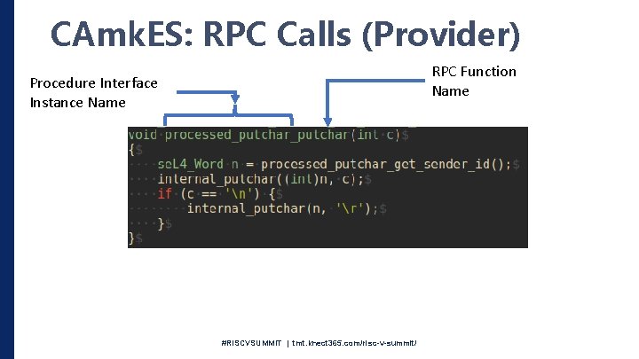 CAmk. ES: RPC Calls (Provider) RPC Function Name Procedure Interface Instance Name #RISCVSUMMIT |