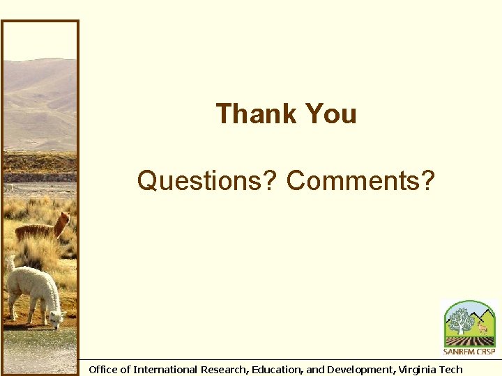 Thank You Questions? Comments? Office of International Research, Education, and Development, Virginia Tech 