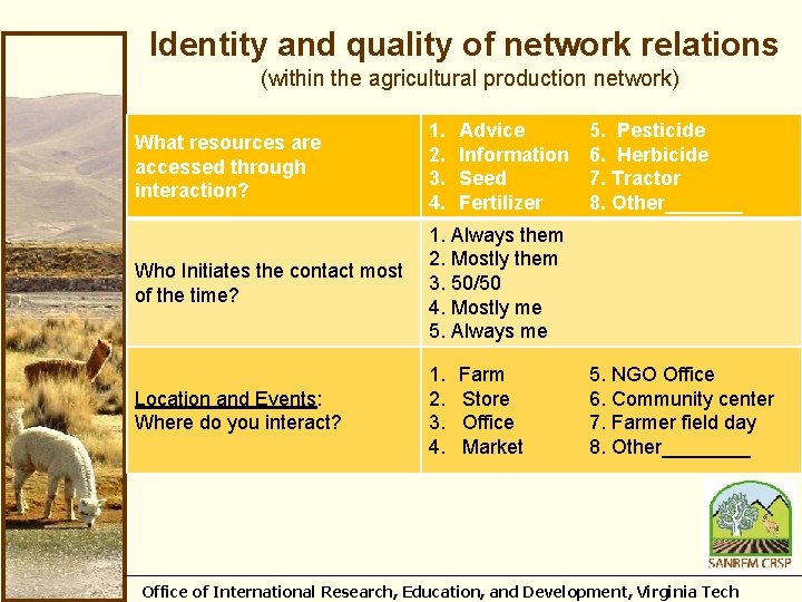 Identity and quality of network relations (within the agricultural production network) What resources are