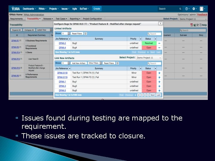 Issues found during testing are mapped to the requirement. These issues are tracked