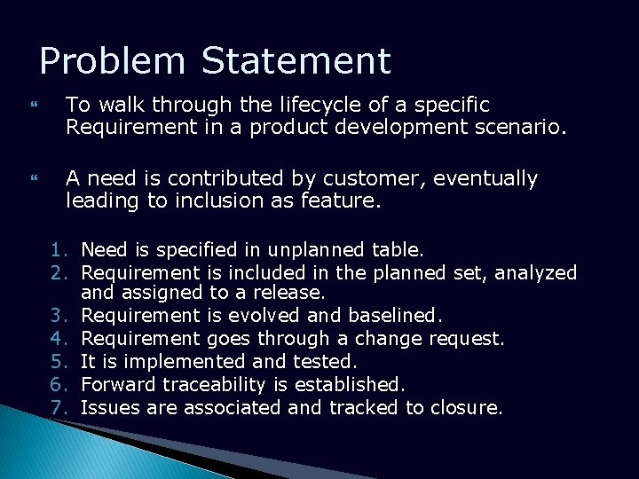 Problem Statement To walk through the lifecycle of a specific Requirement in a product