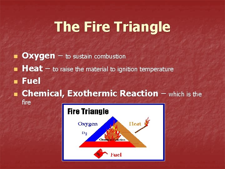 The Fire Triangle n n Oxygen – to sustain combustion Heat – to raise
