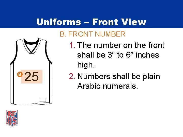 Uniforms – Front View B. FRONT NUMBER B 25 1. The number on the