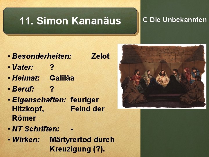 11. Simon Kananäus • Besonderheiten: Zelot • Vater: ? • Heimat: Galiläa • Beruf: