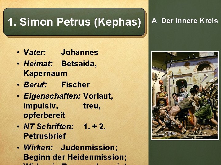 1. Simon Petrus (Kephas) • Vater: Johannes • Heimat: Betsaida, Kapernaum • Beruf: Fischer